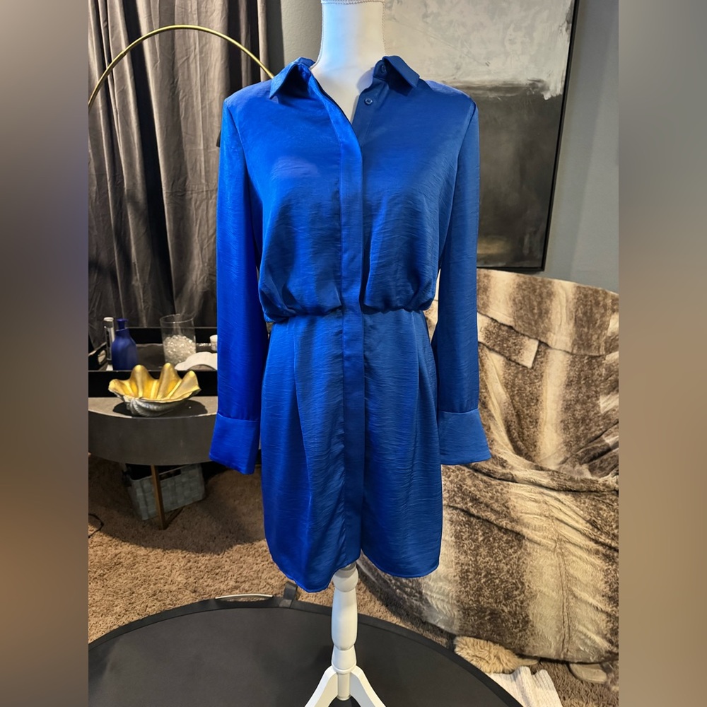 BCBG New York Blue Satin‎ Lined Shirt Dress Large Professional Minimalist
